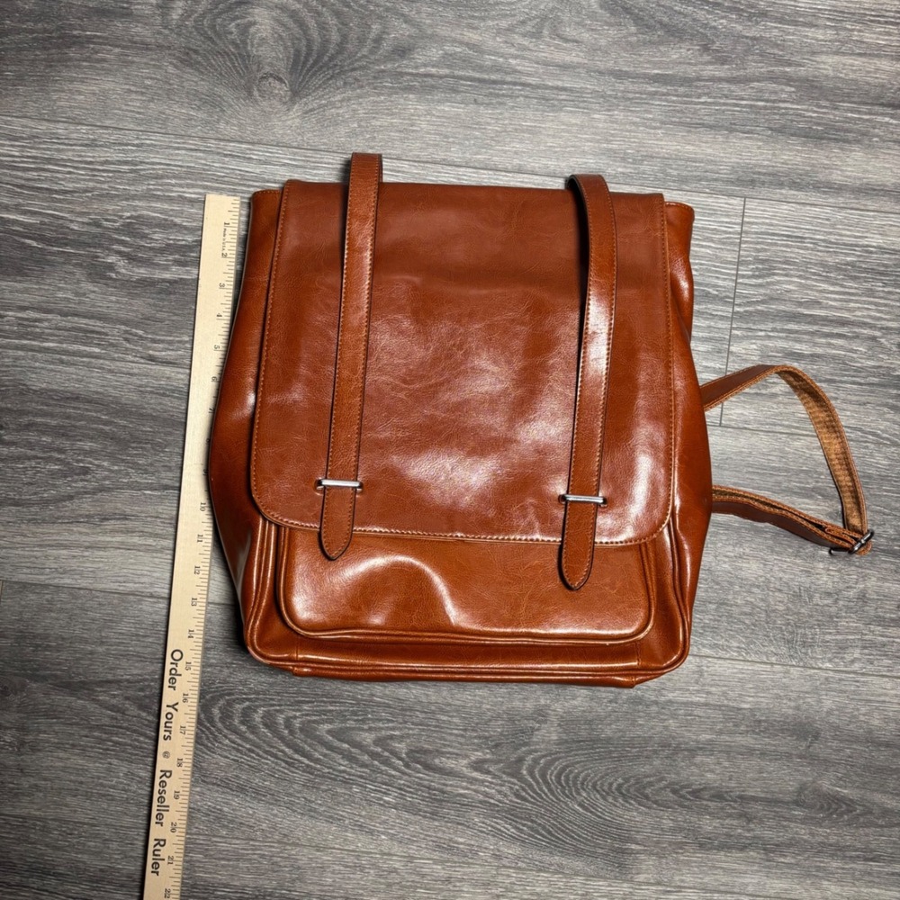Iswee Cognac Brown Leather Laptop Backpack Unisex Flapover Satchel Bag 14 Inch - Picture 4 of 16